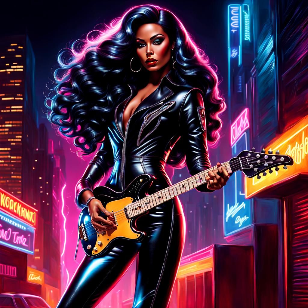 "Neon Nightfall: The Rockin' Vixen of the Futuristic Metropo...