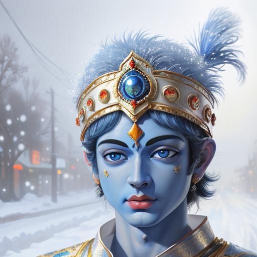 Blue Krishna in Snow Town Portrait