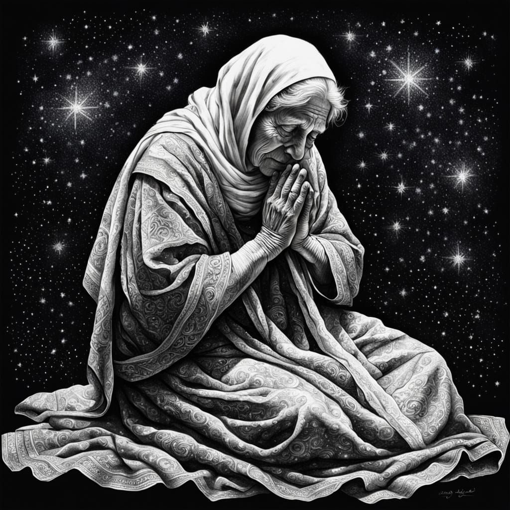 Ancient Woman Praying Under Starry Sky, Charcoal Drawing