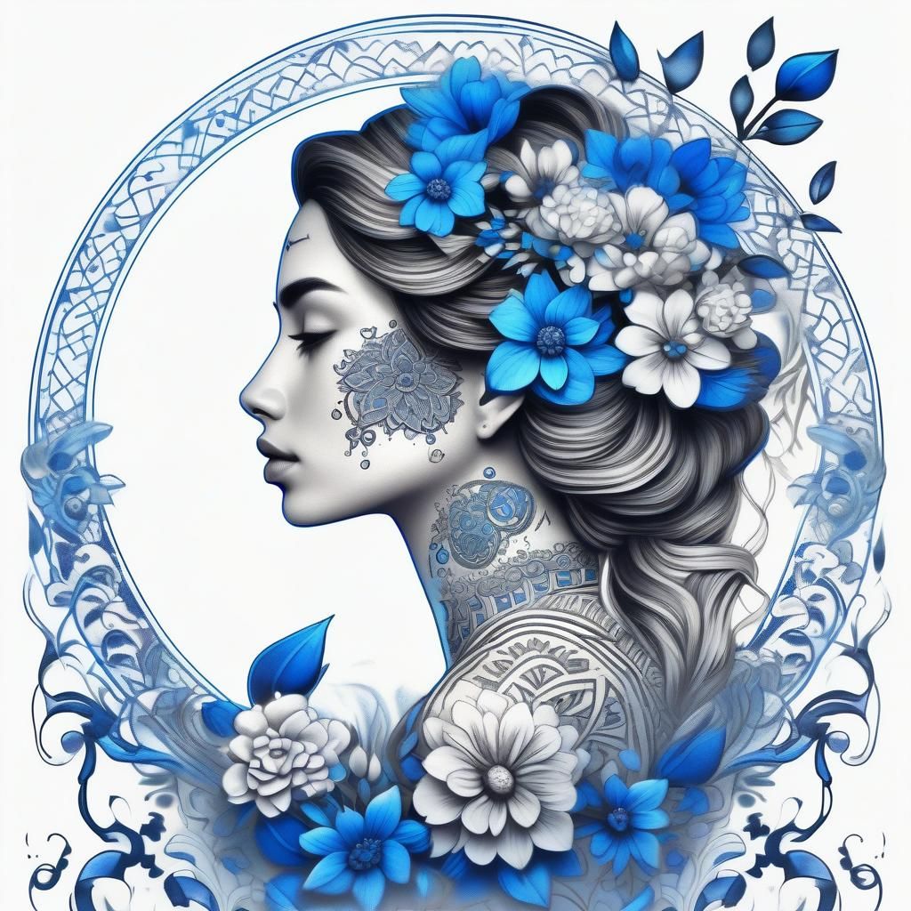Woman with Blue Flowers Tattoo Art Design