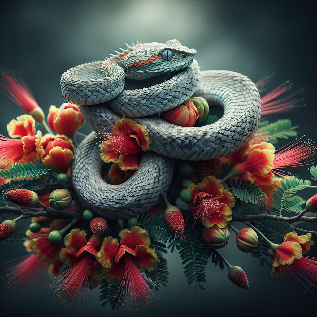 Spiny Bush Viper with Peacock Flower: Hyperrealistic Image