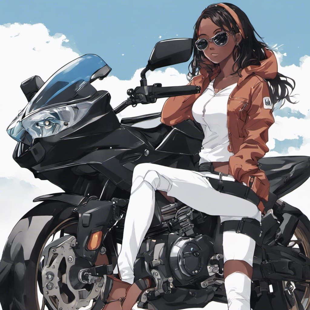 Anime Girl Portrait with Motorcycle, Manga Style