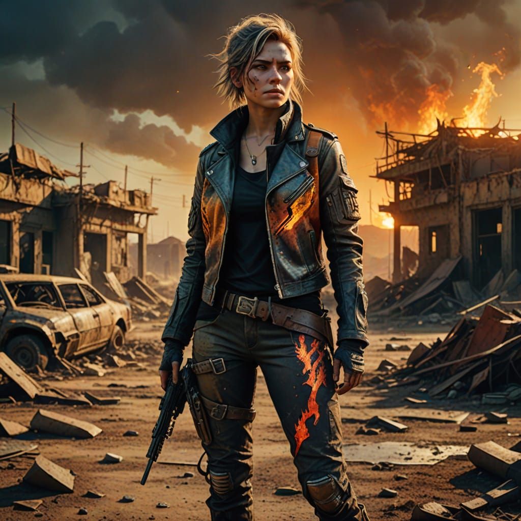 Female Warrior in Dystopian Post-Apocalyptic Wasteland