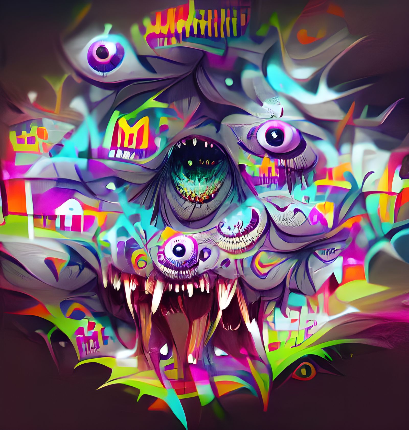 Psychedelic Graffiti Monster with Many Eyes and Teeth
