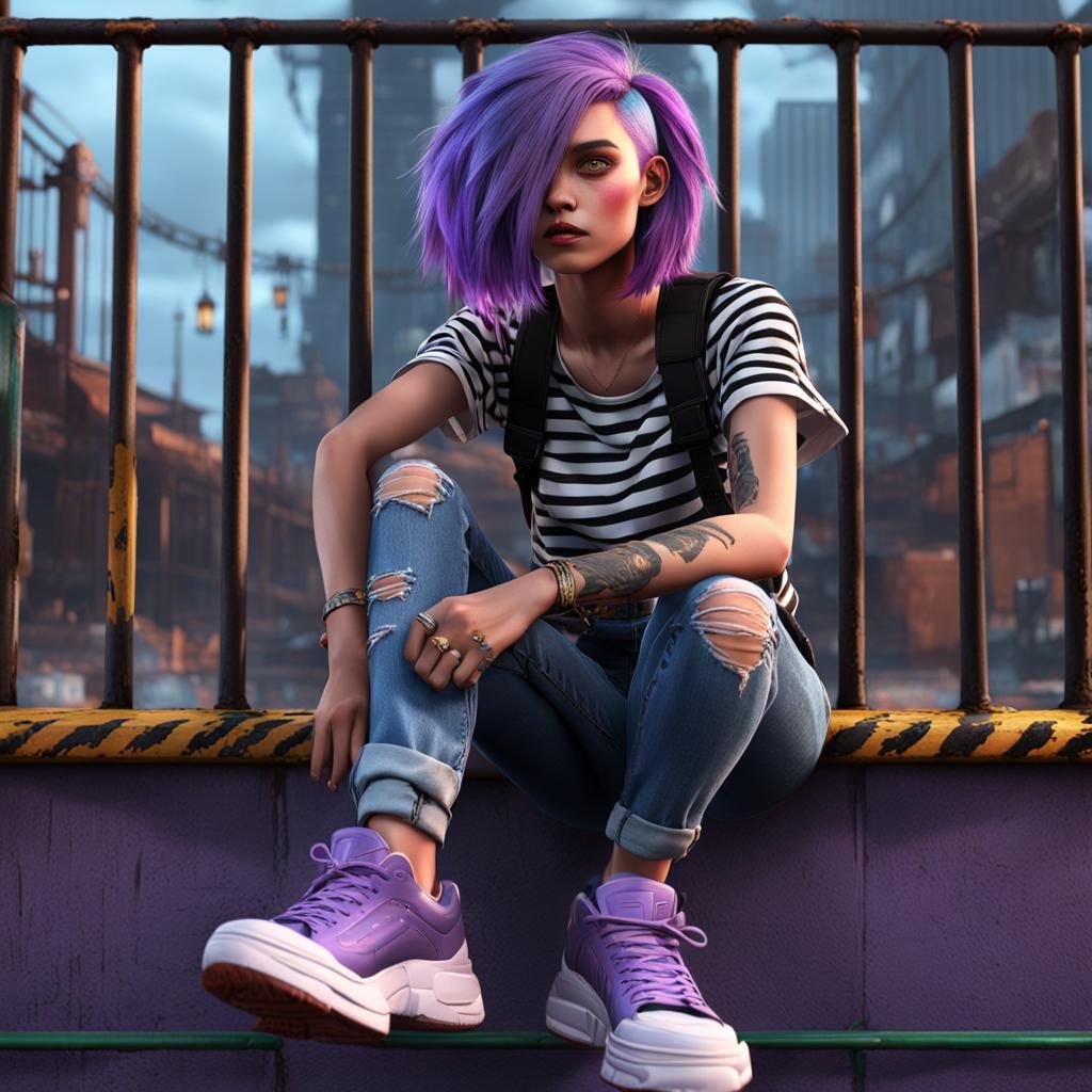 Confident Girl with Purple Hair: Fantasy Art