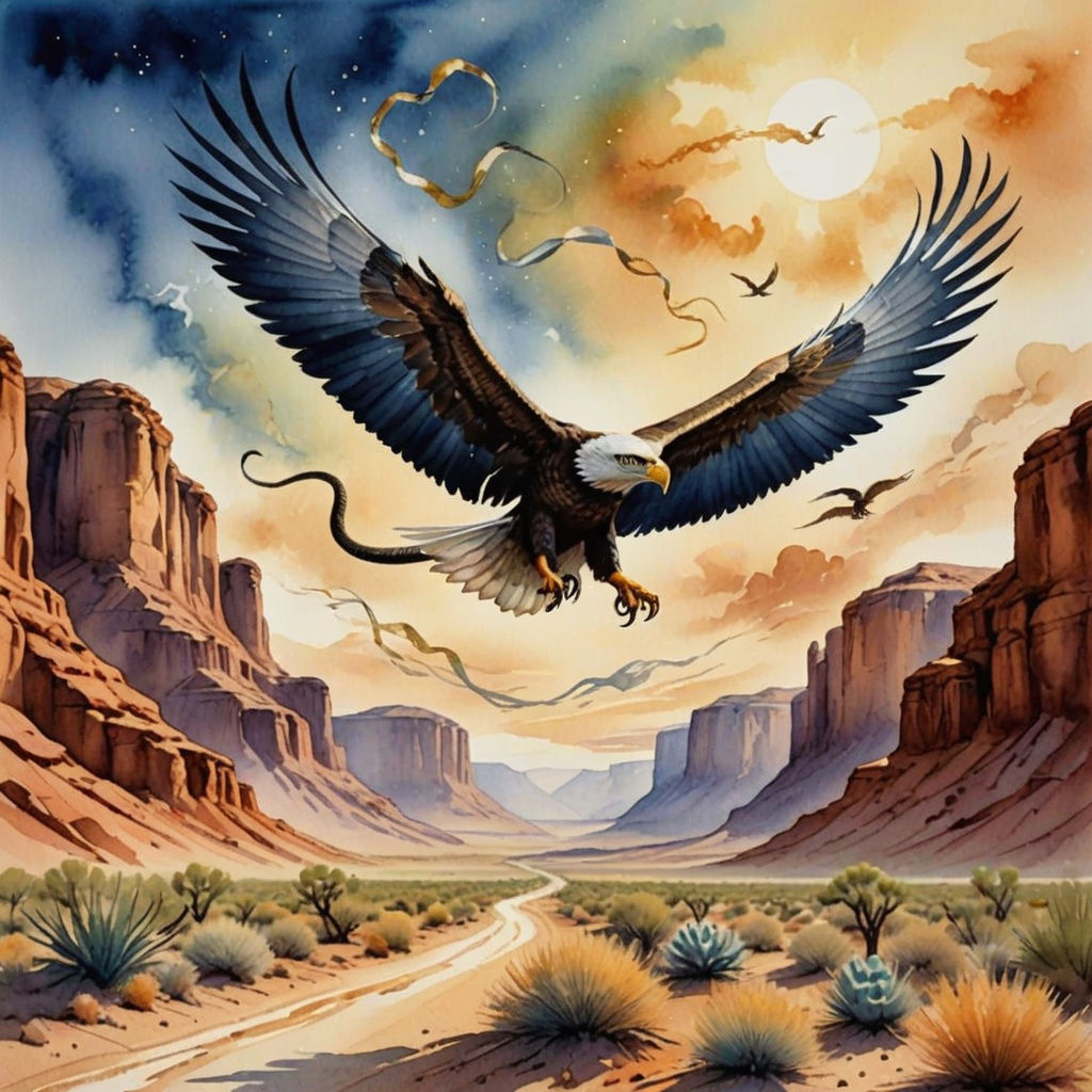 Winged Serpent Soaring Over Desert, Watercolor Style