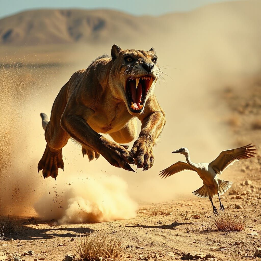 Smilodon Pouncing on Dodo in Prehistoric Dust Cloud