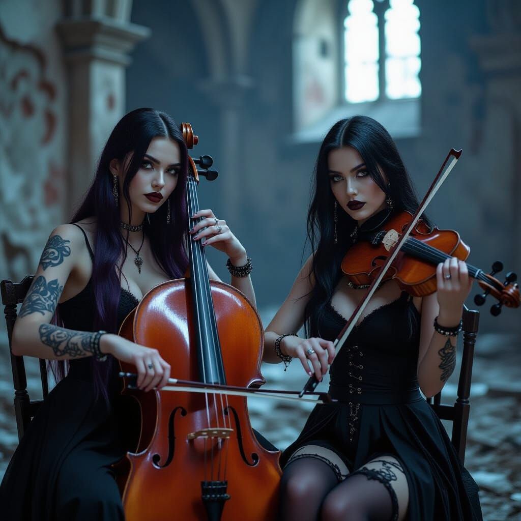 Gothic Women Play Cello and Violin in Ruined Hall