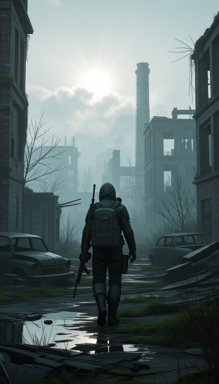 Lone Stalker in Foggy Post-Apocalyptic Ruins