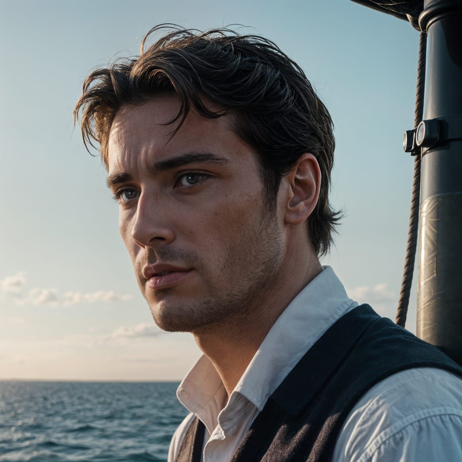 Dramatic Sailor at Sea: Cinematic Film Still