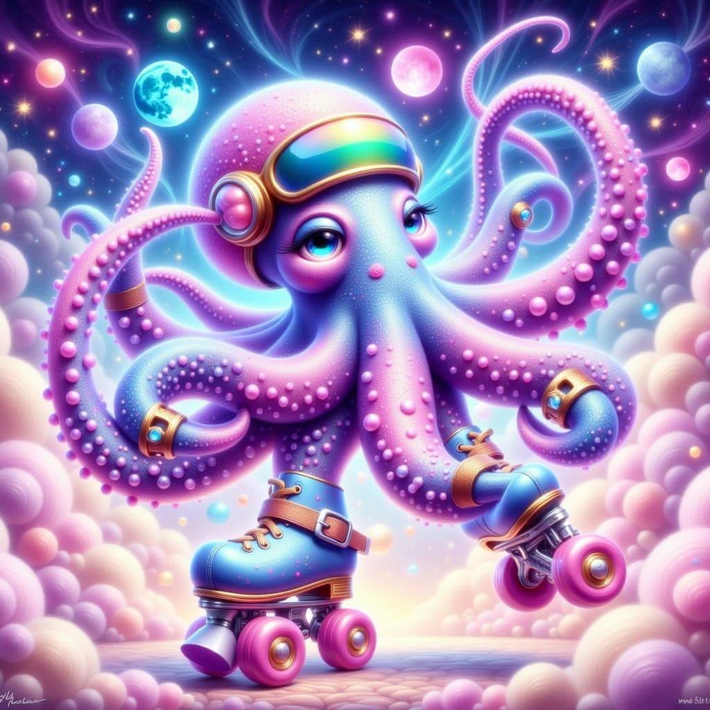Whimsical Octopus Speedster in Pastel-Hued Cosmic Wonderland