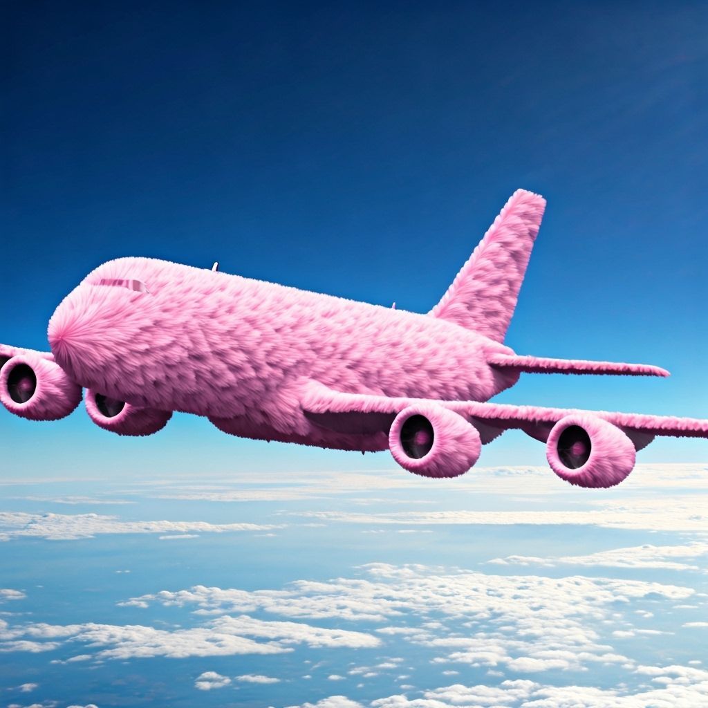 Furry Pink Airplane Soaring Above the Clouds