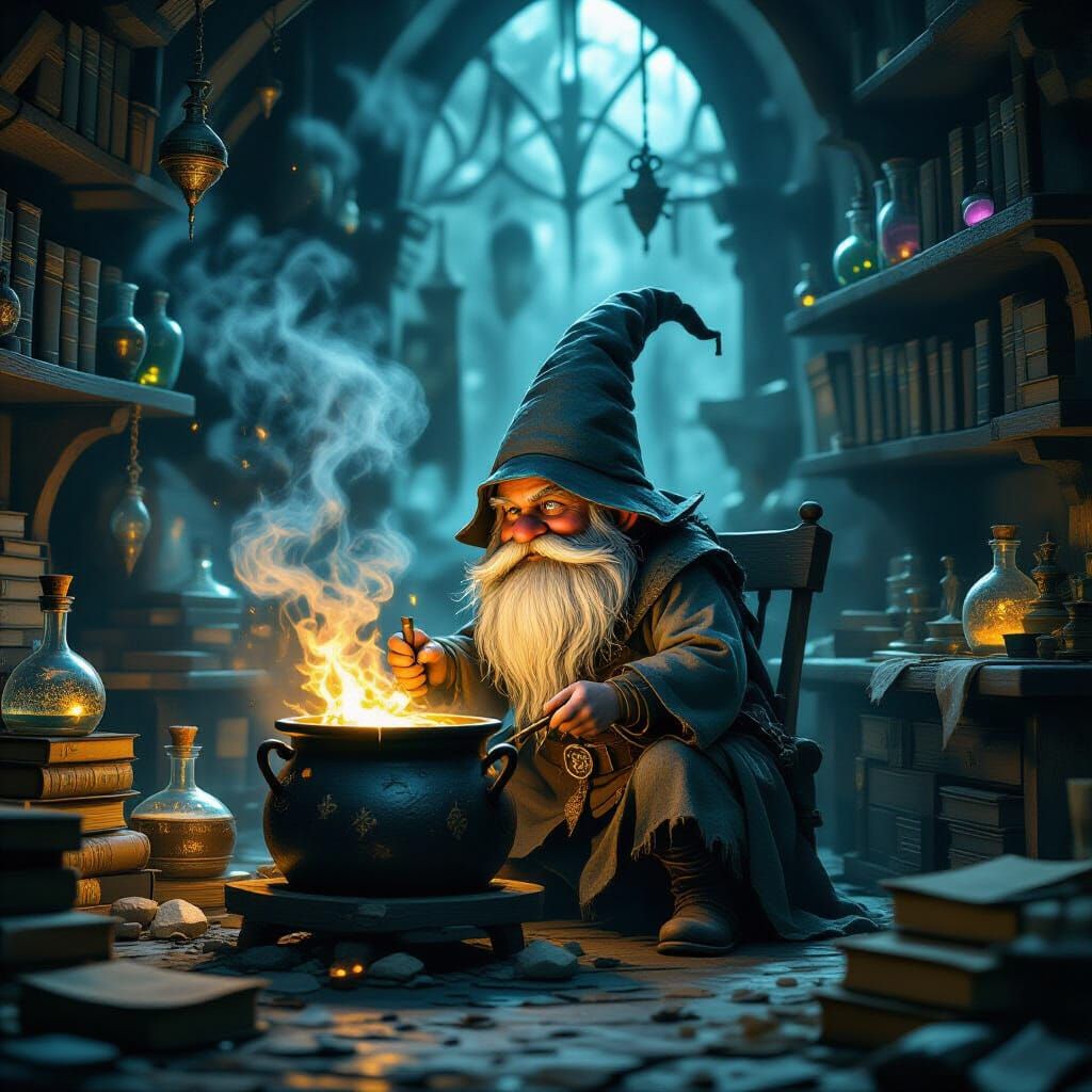 Gnome Alchemist in Dimly Lit Laboratory