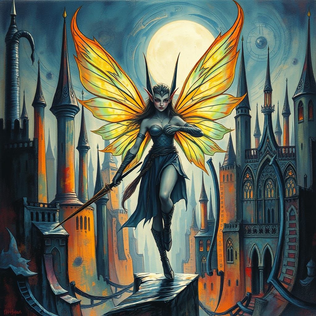 Fairy Elf Warrior in Surreal Art Deco Cityscape