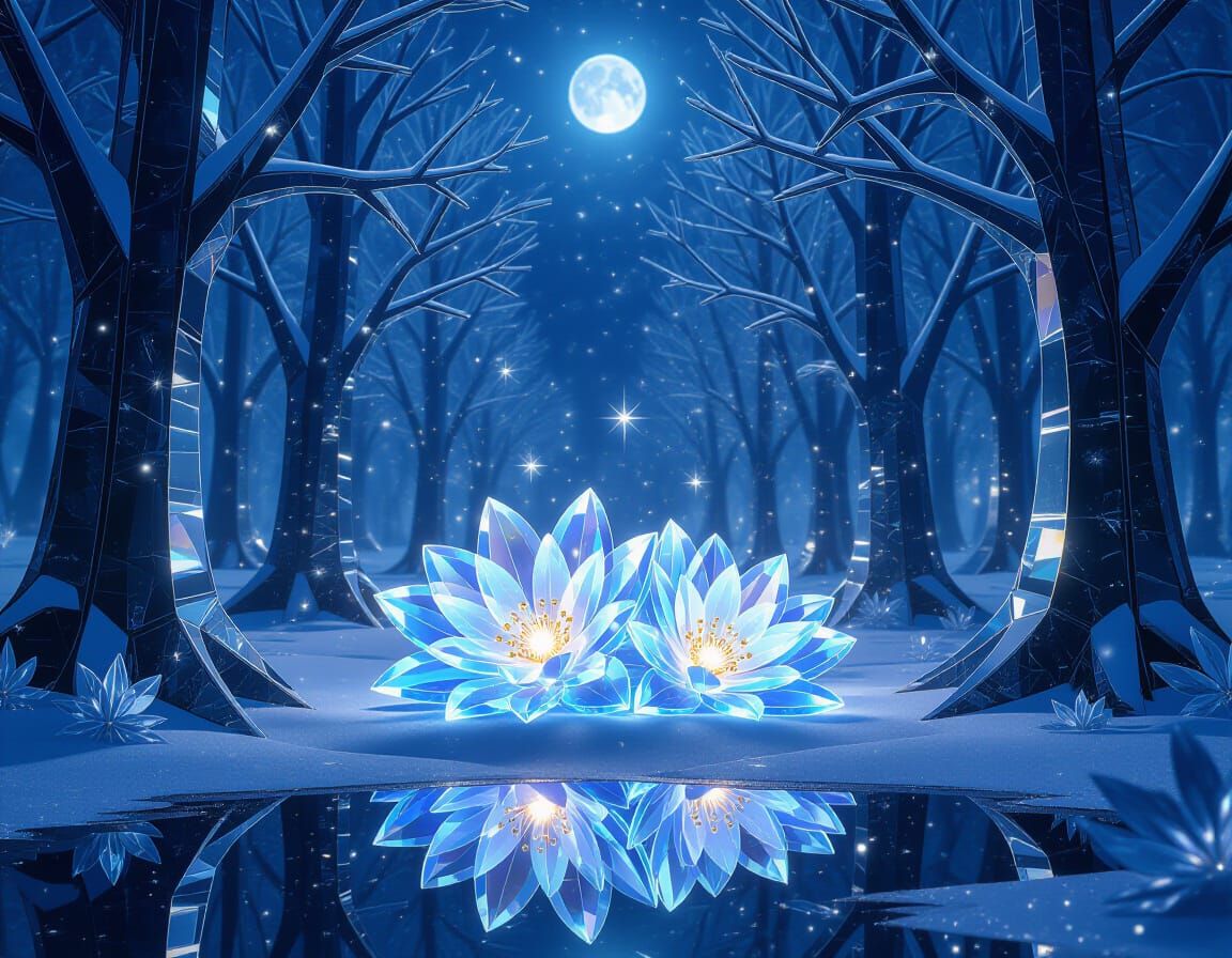 Mystical Crystal Forest with Glowing Iceflowers