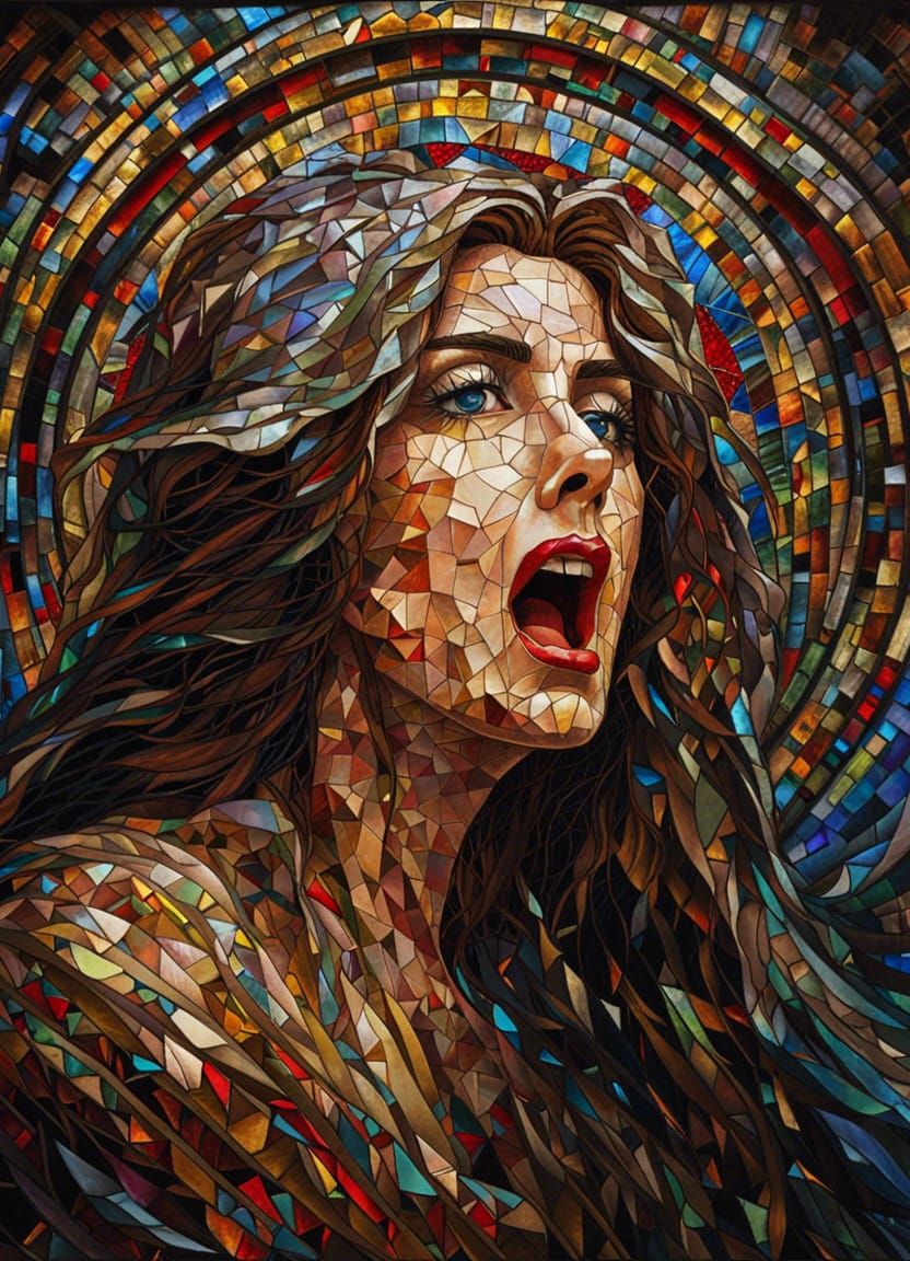 Woman Trapped in Fragmented Thoughts: Horror Mosaic