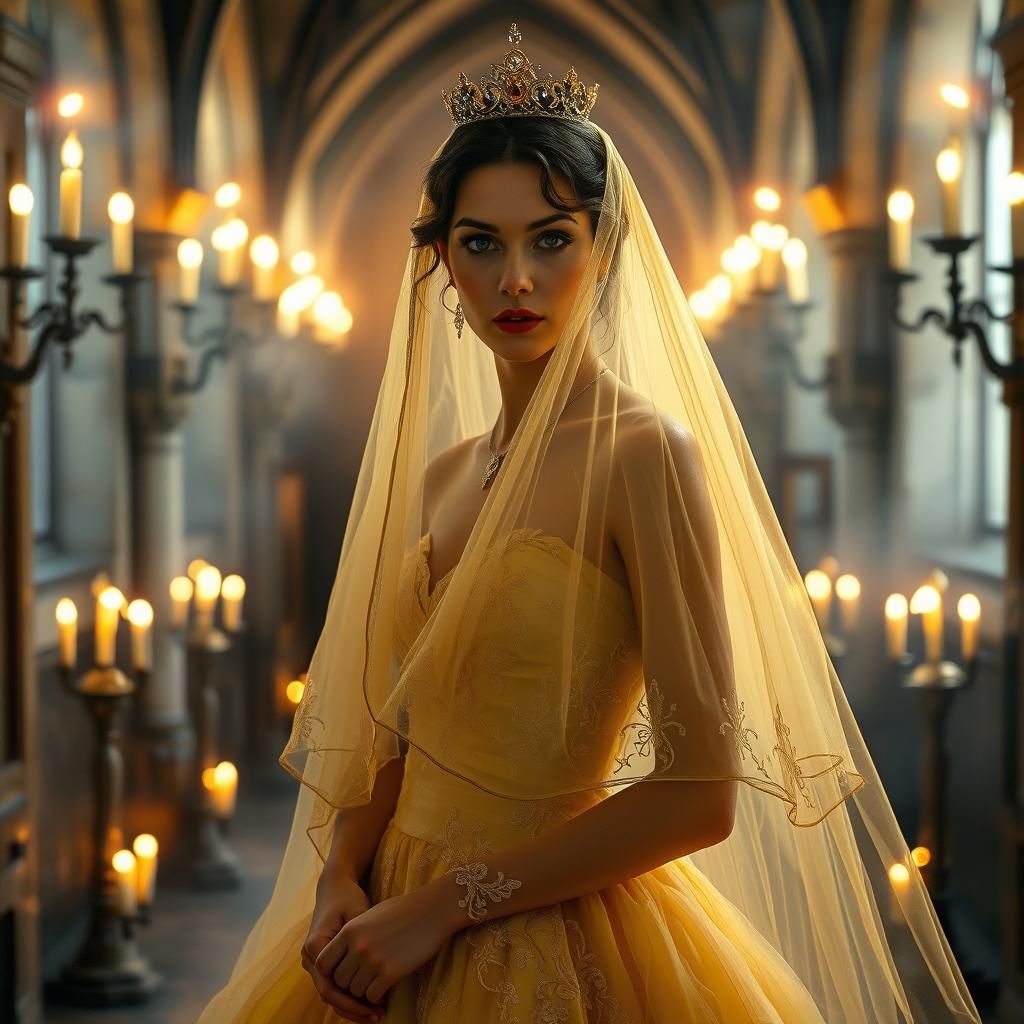 Princess in Golden Veil in Medieval Hall