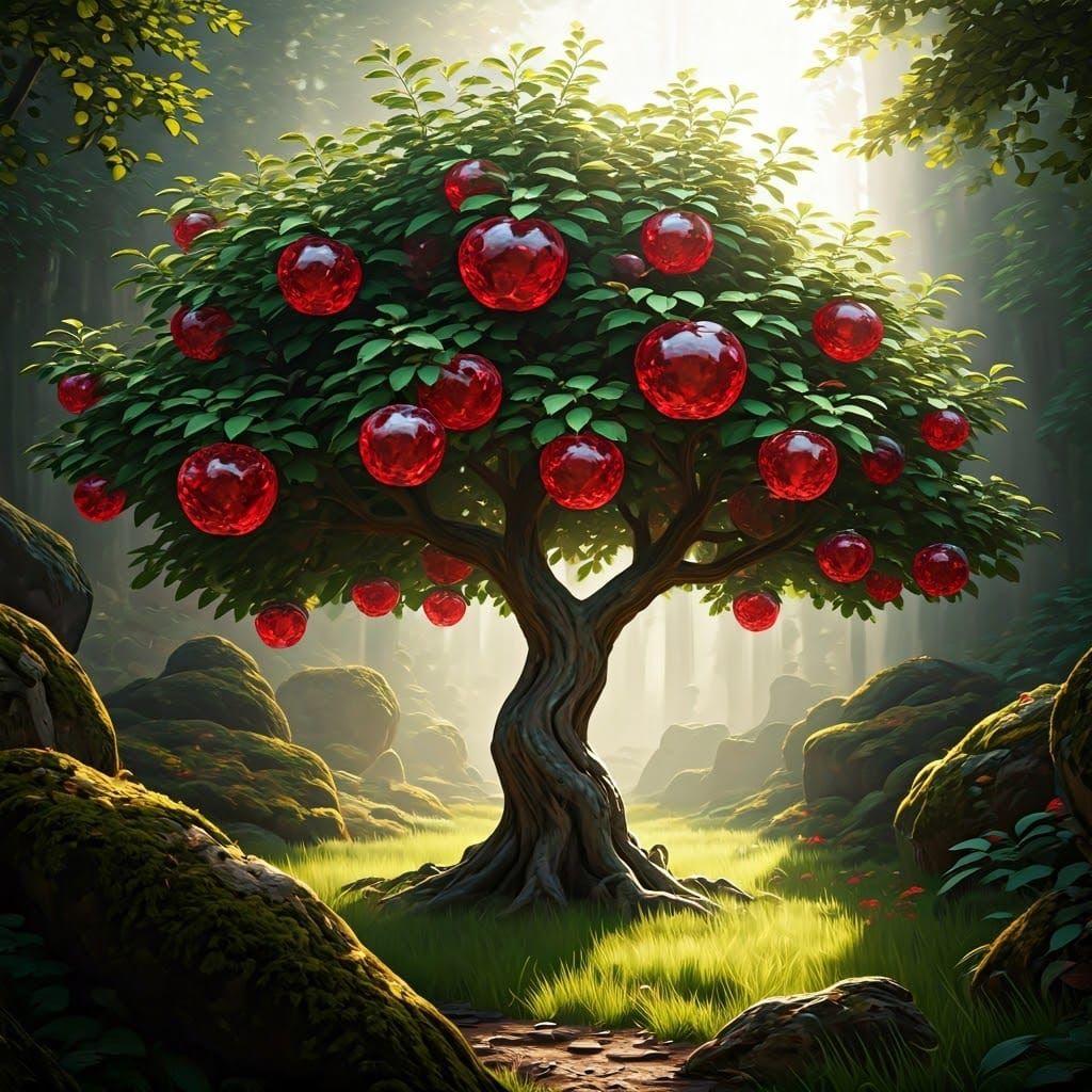 Surreal Wild Apple Tree with Ruby Gemstone Fruit