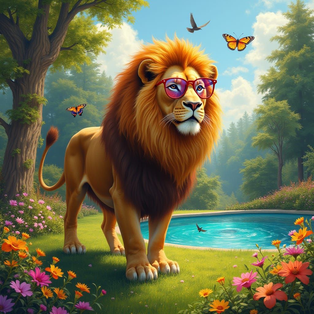 Regal Lion in Vibrant Wildflower Mane, Whimsical Glasses, an...