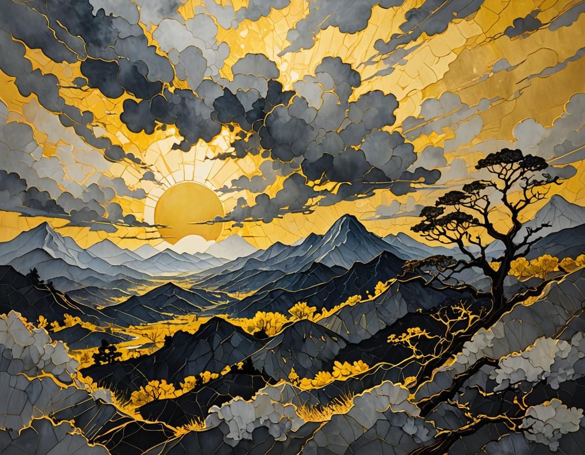 Smokey Silhouette with Golden Sunrise in Gouache Style