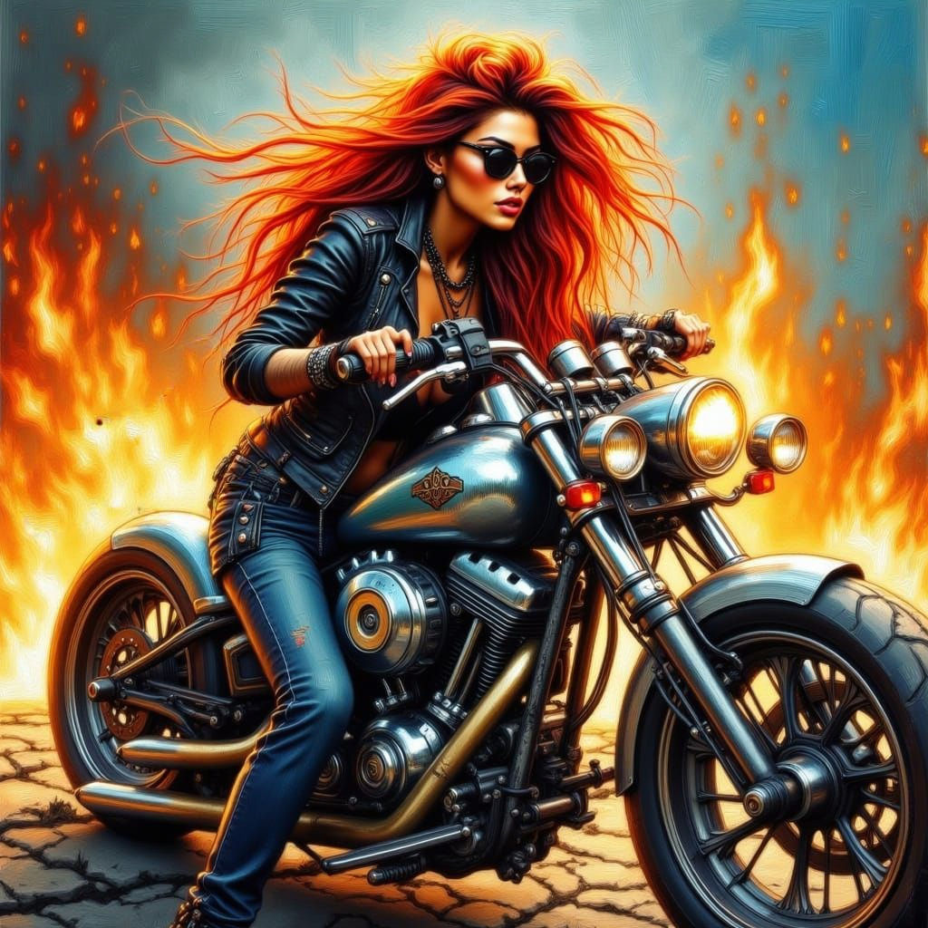 Tough, Leather-clad Woman Sits atop a Chrome-plated Motorcyc...