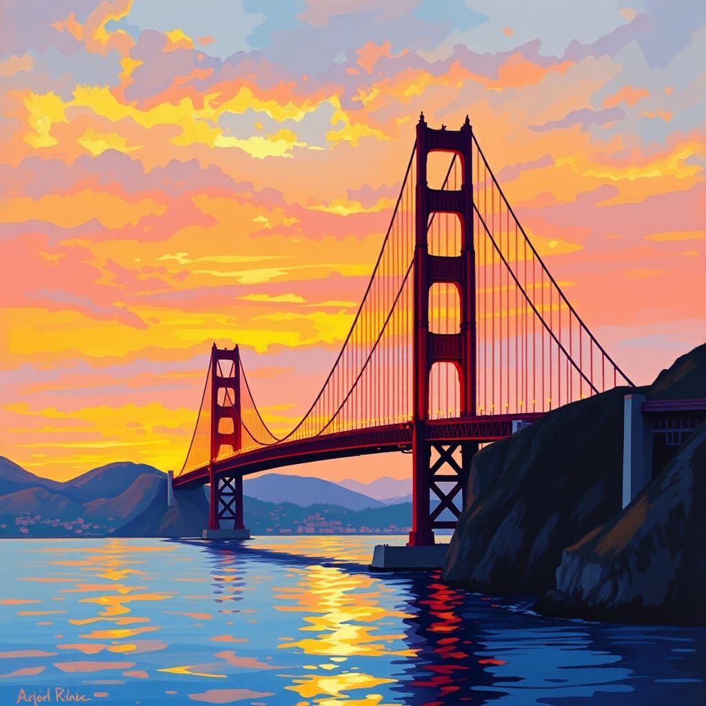 Golden Gate Bridge Sunset in Impressionist Style