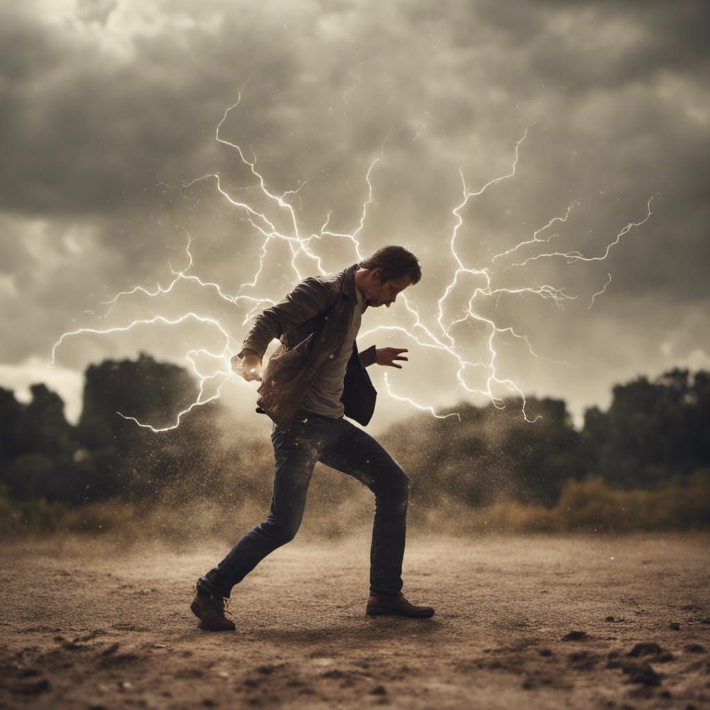 Powerful Man Hovering with Lightning