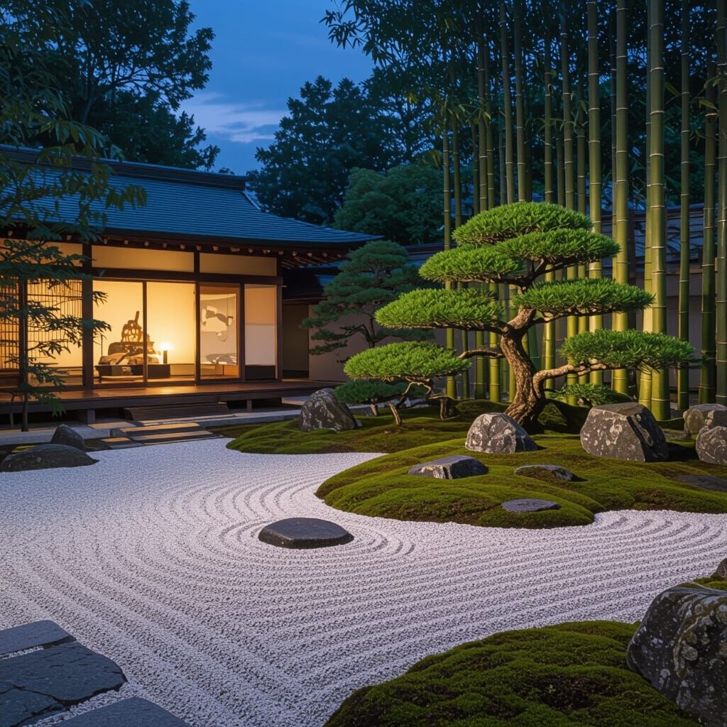 Zen Garden at Twilight in Sumi-e Style