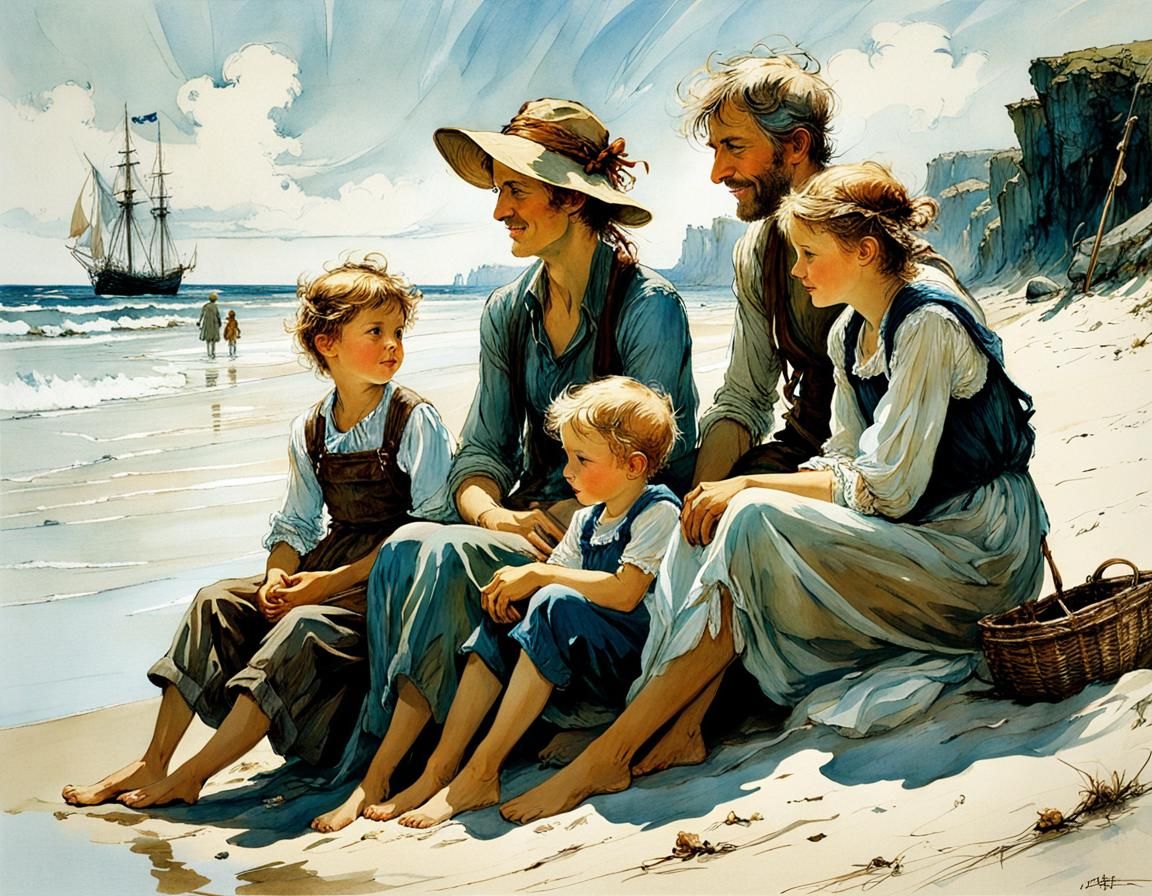 Joyful Family Vacation Scene in Vibrant Impressionist Style