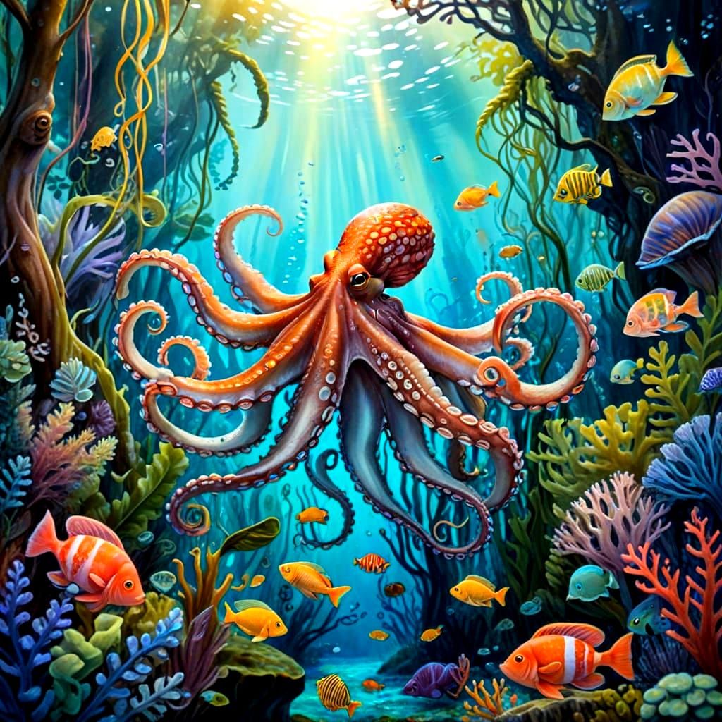 Whimsical Octopus Plays in Vibrant Kelp Forest