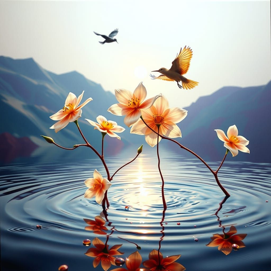 Crystal Flowers Bloom on Silver Lake, Glassy Birds in Surrea...