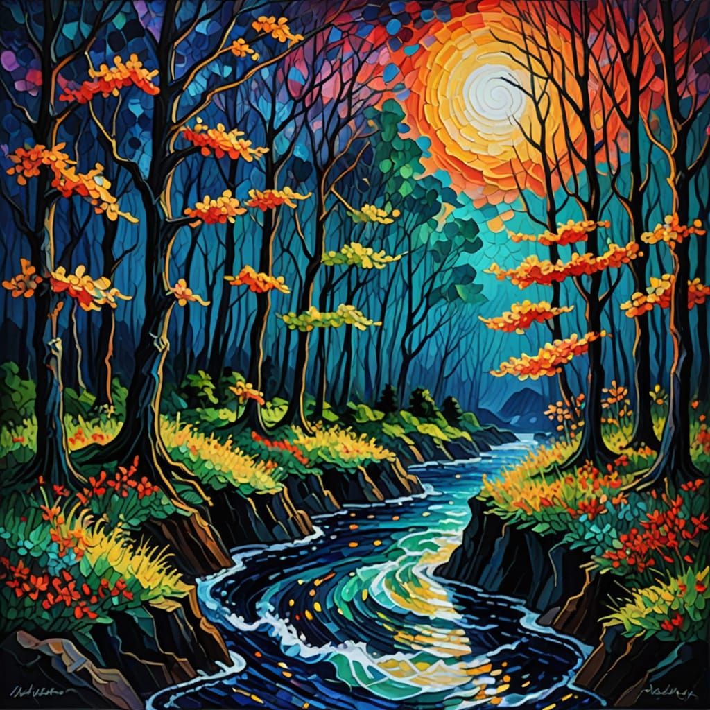 The Forest's Dark Edge in Neo-Impressionist Oil Painting