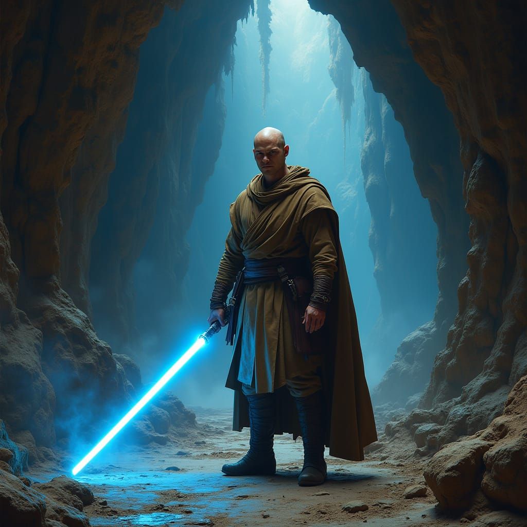 Cyberpunk Jedi Master Stands Resolute in Ancient Cavern