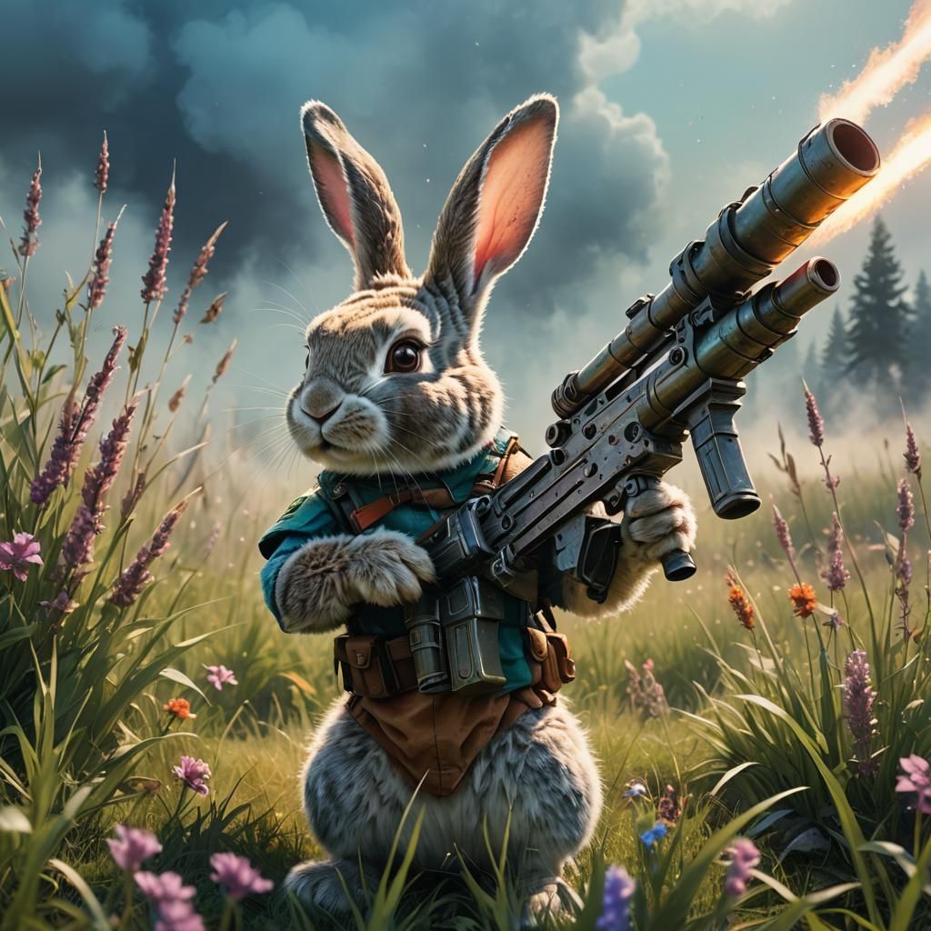 Bunny with Rocket Launcher in Serene Meadow