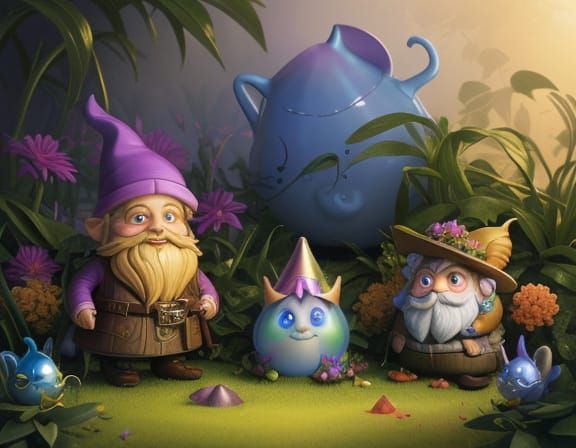 Psychedelic Garden Gnomes in Golden Hour Light
