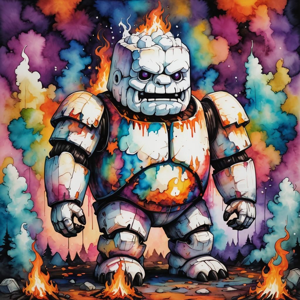 Marshmallow Golem Portrait with Bonfire, Alcohol Ink Art