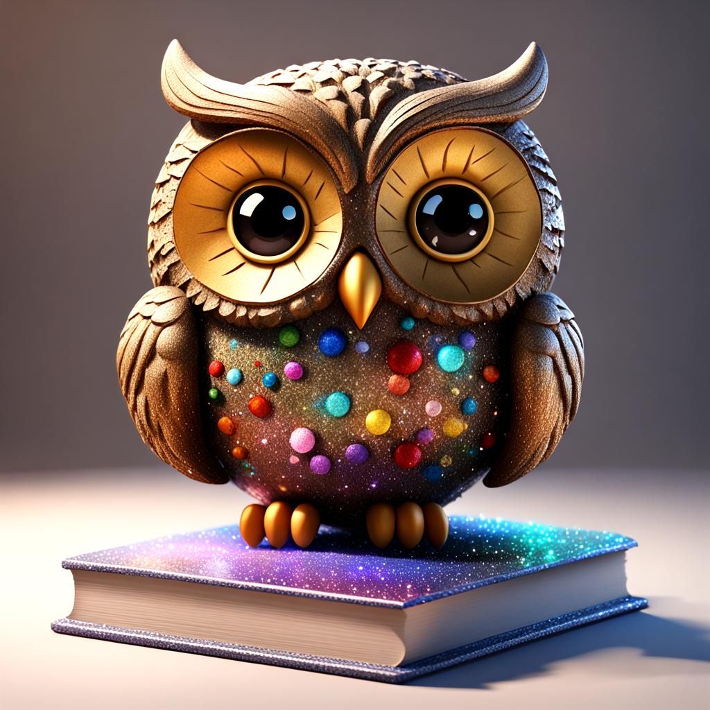 Whimsical 3D Owl Surrounded by Books and Glitter