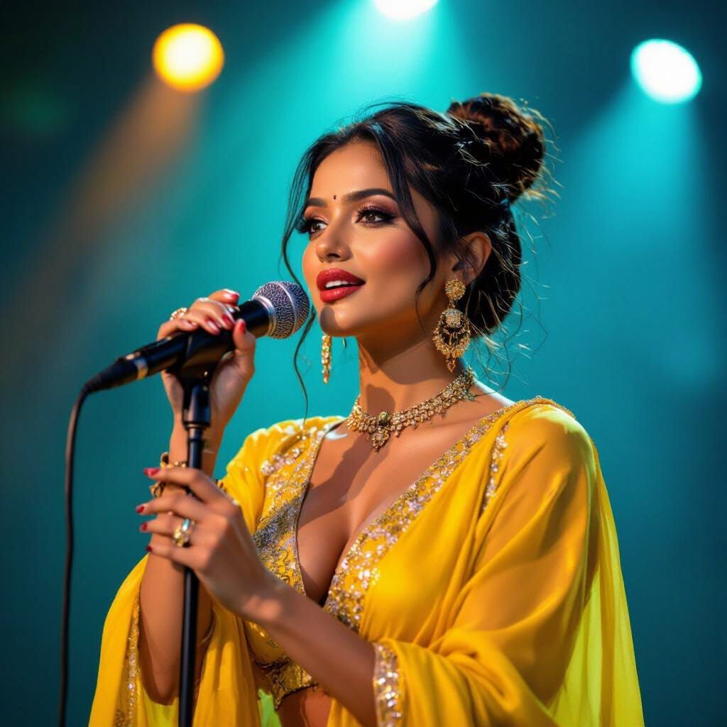 Glamorous Indian Woman Sings on Stage in Dramatic Spotlight