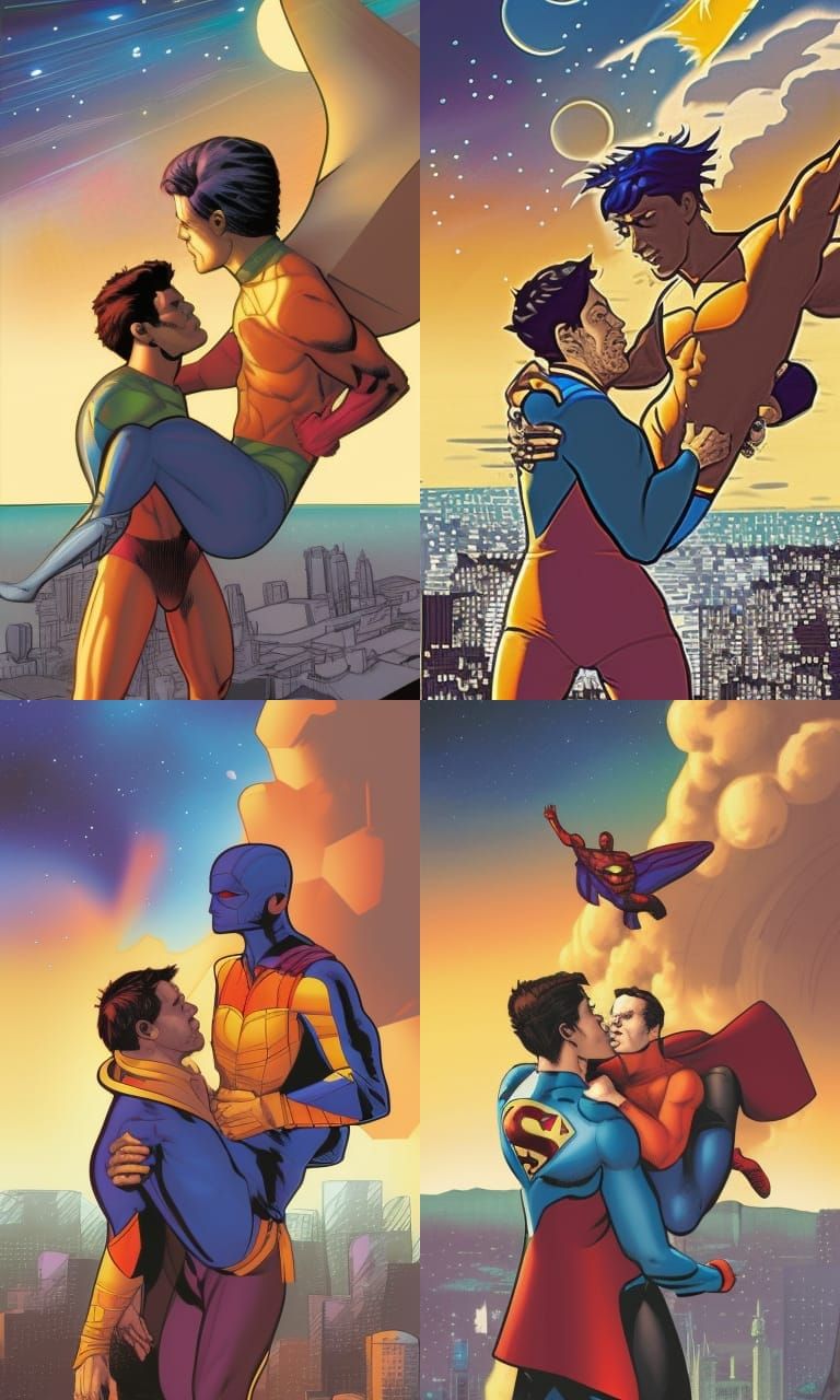Superhero Gay Couple Flying, Comic Book Art