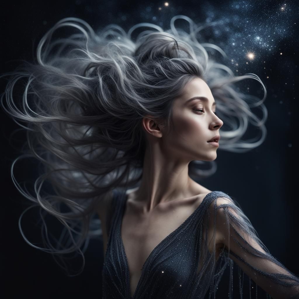 Her hair, a cascade of midnight, spun with stardust,