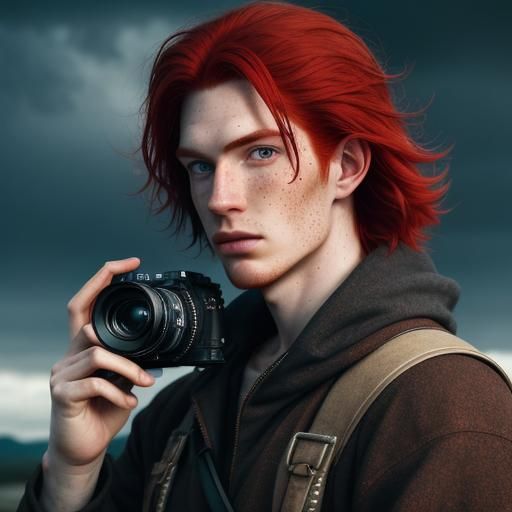 Hyperrealistic Photo of Redhead Man with Camera