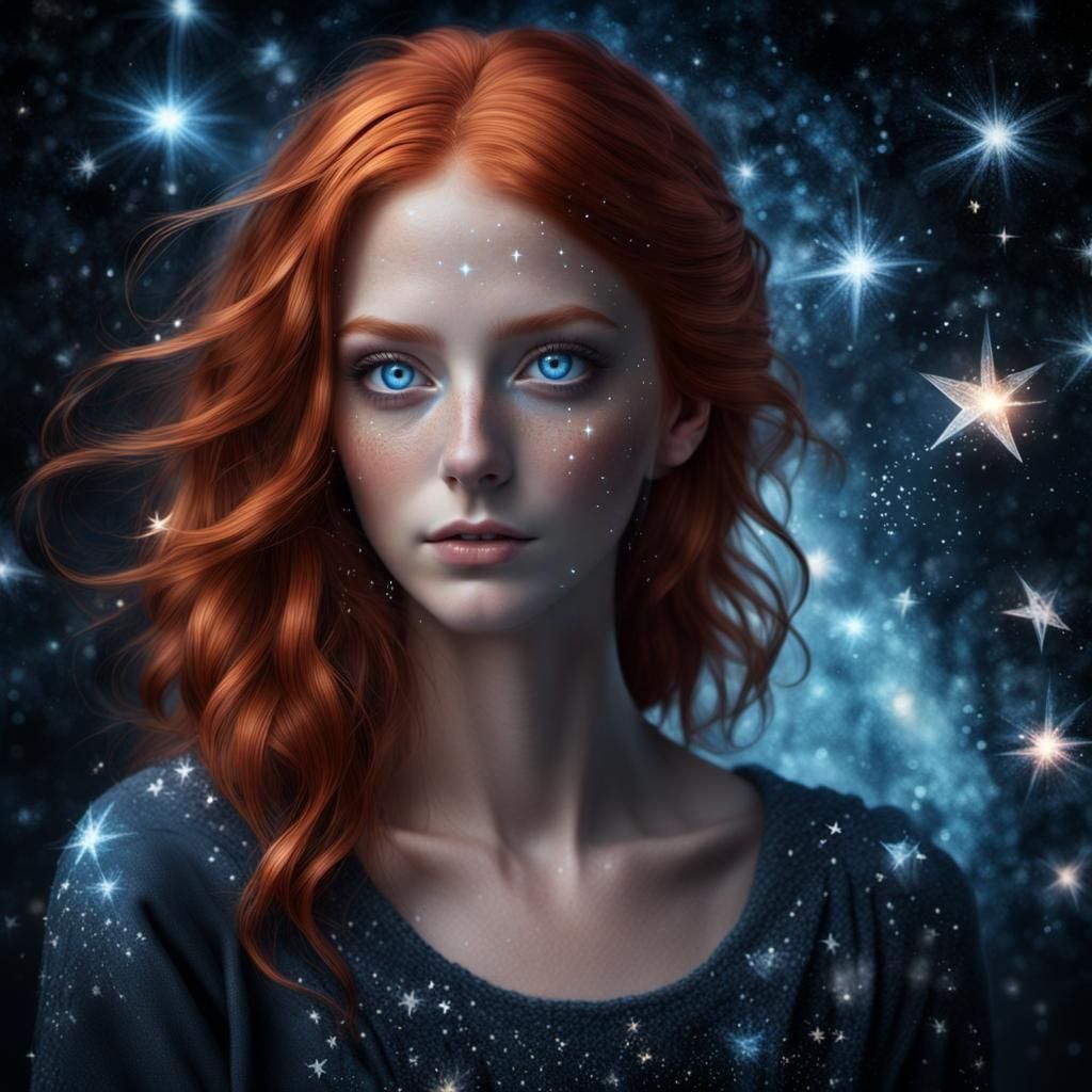 Redhead with Blue Eyes in Starry Night