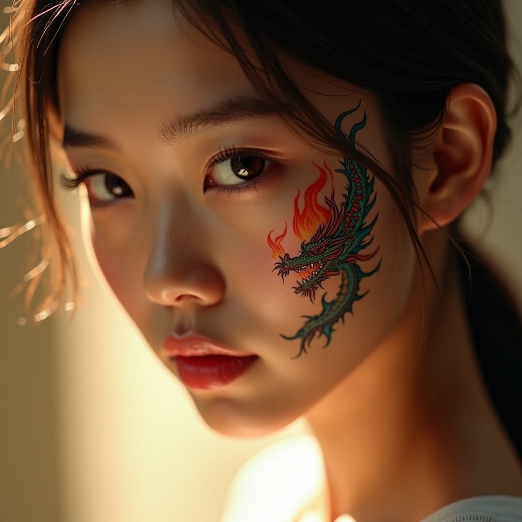 Serene Asian Girl Portrait with Dragon Tattoo