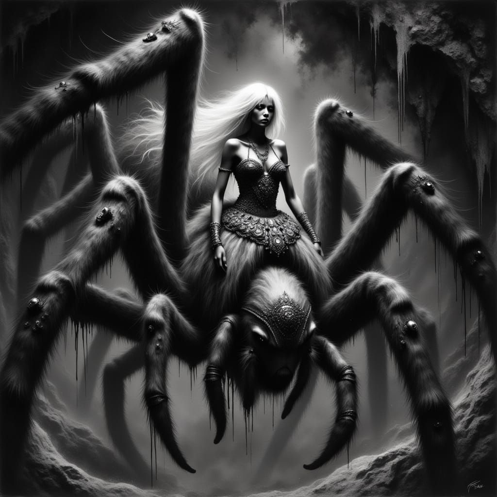 Dark Elf Rides Majestic Spider Through Underground Tunnels i...