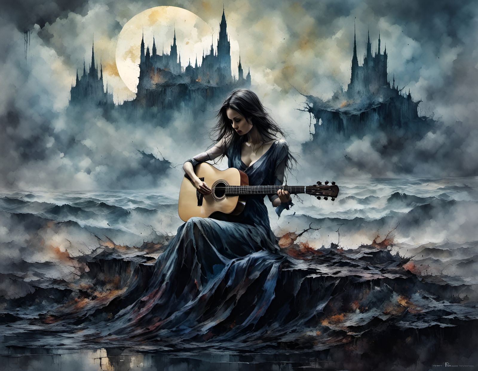 Lonely Girl's Twilight Serenade: Dark Fantasy Art