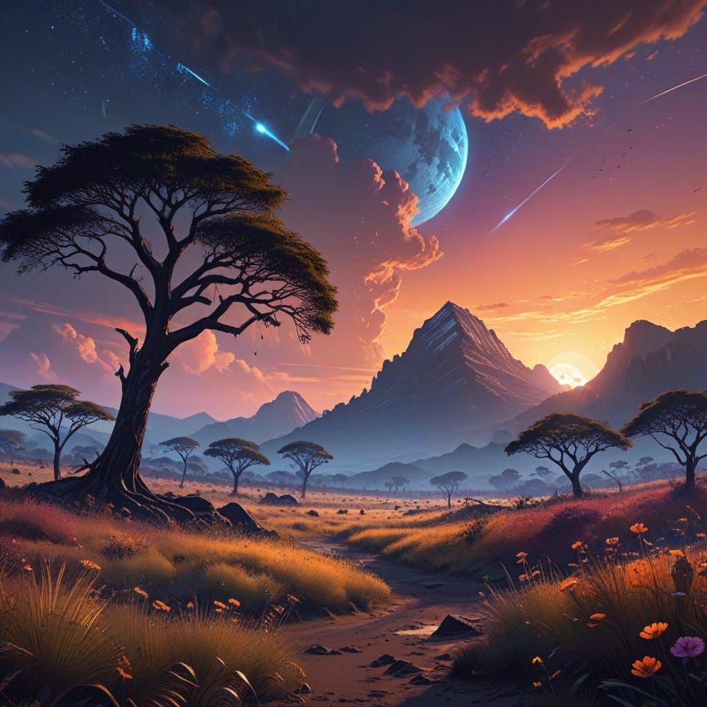 Epic African Savanna at Dusk with Acacia Trees and Starry Sk...