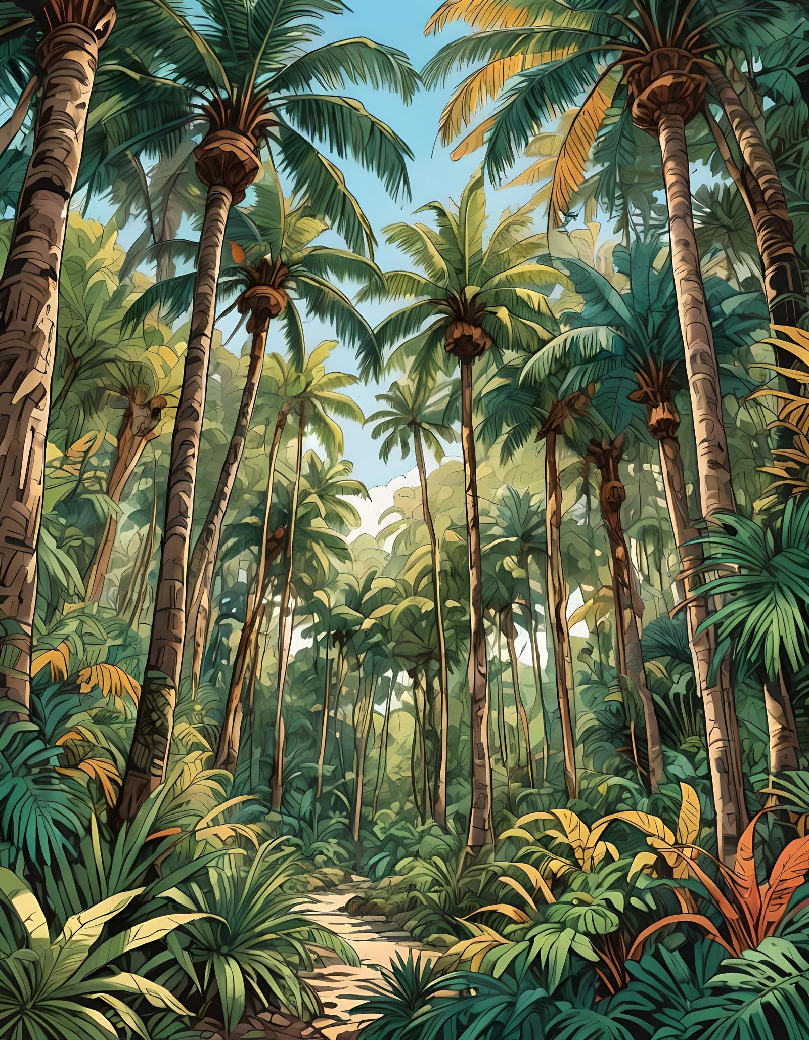 Vibrant Line Art of a Tropical Forest Valley