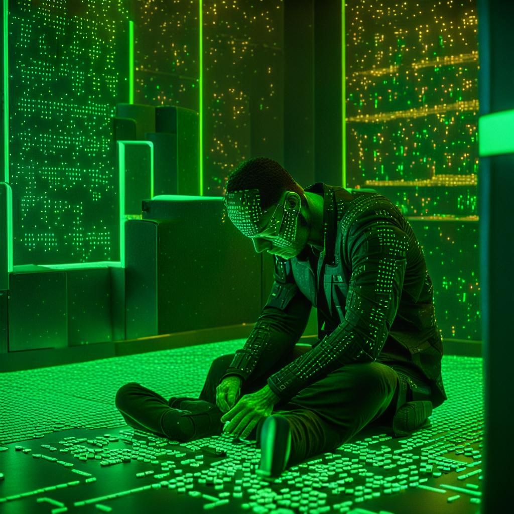 Man Bound by Matrix Code in Cyberpunk Film Still