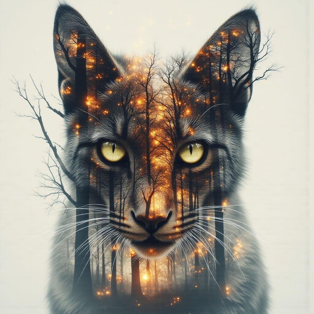 Galaxy Cat Double Exposure in Surreal Landscape