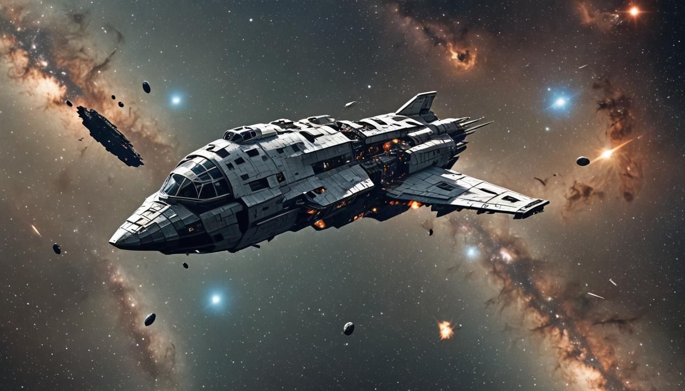 Destroyed Spaceship Floating Silently in Deep Space